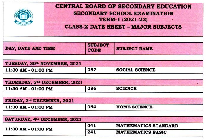 CBSE Term 1 Exam Date Sheet 2022