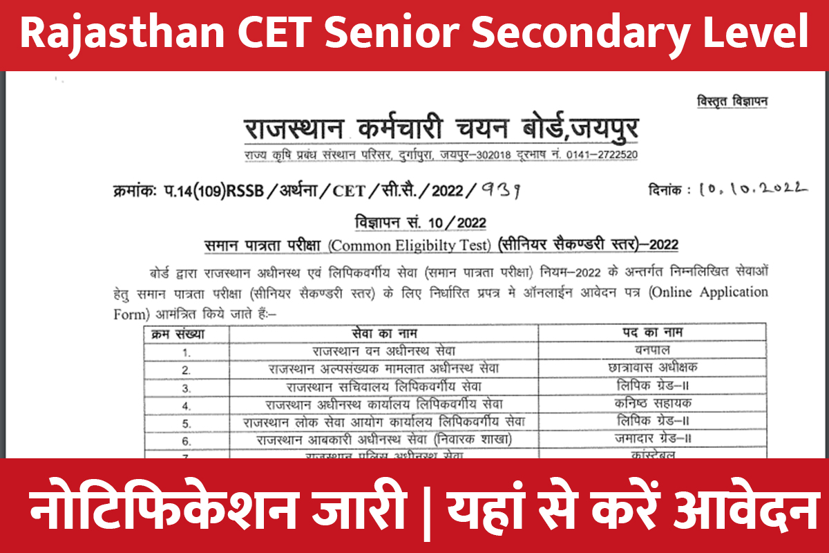 Rajasthan CET Senior Secondary Level Recruitment 2022 Notification