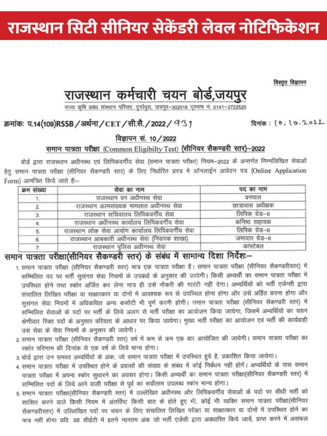 Rajasthan CET Senior Secondary Level 2022 Notification